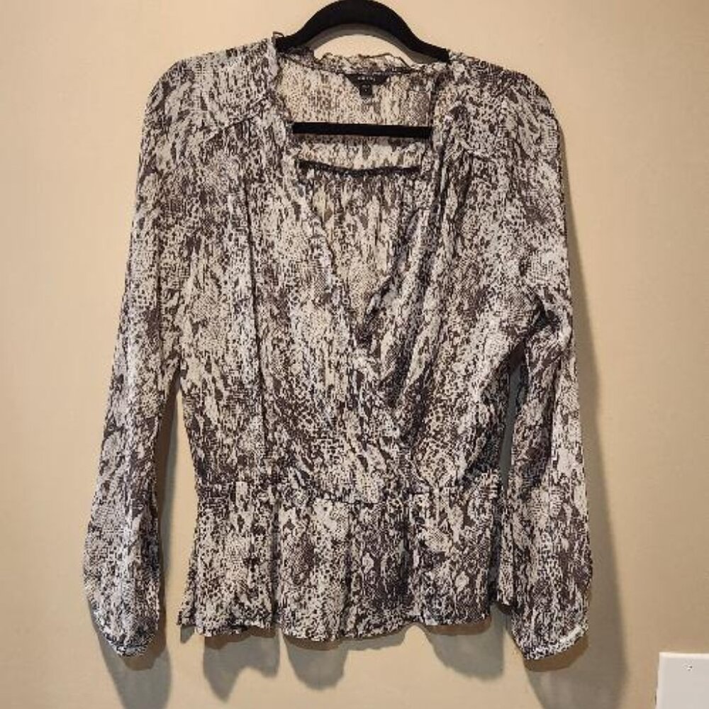 Guess Gray Snake Print Long Sleeve V-neck Blouse